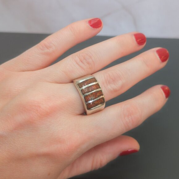 Sterling Coral Inlay Wide Band — Size 11 - Picture 9 of 14